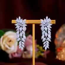 White Cubic Zirconia Leaf Long Dangle Earrings