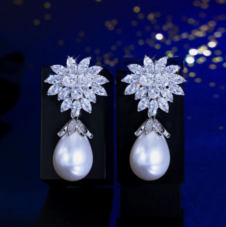 Flower Leaf Long Drop Pearl Earrings