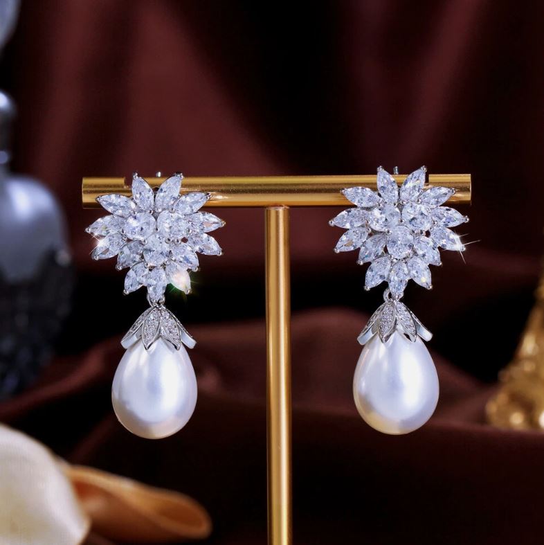 Flower Leaf Long Drop Pearl Earrings