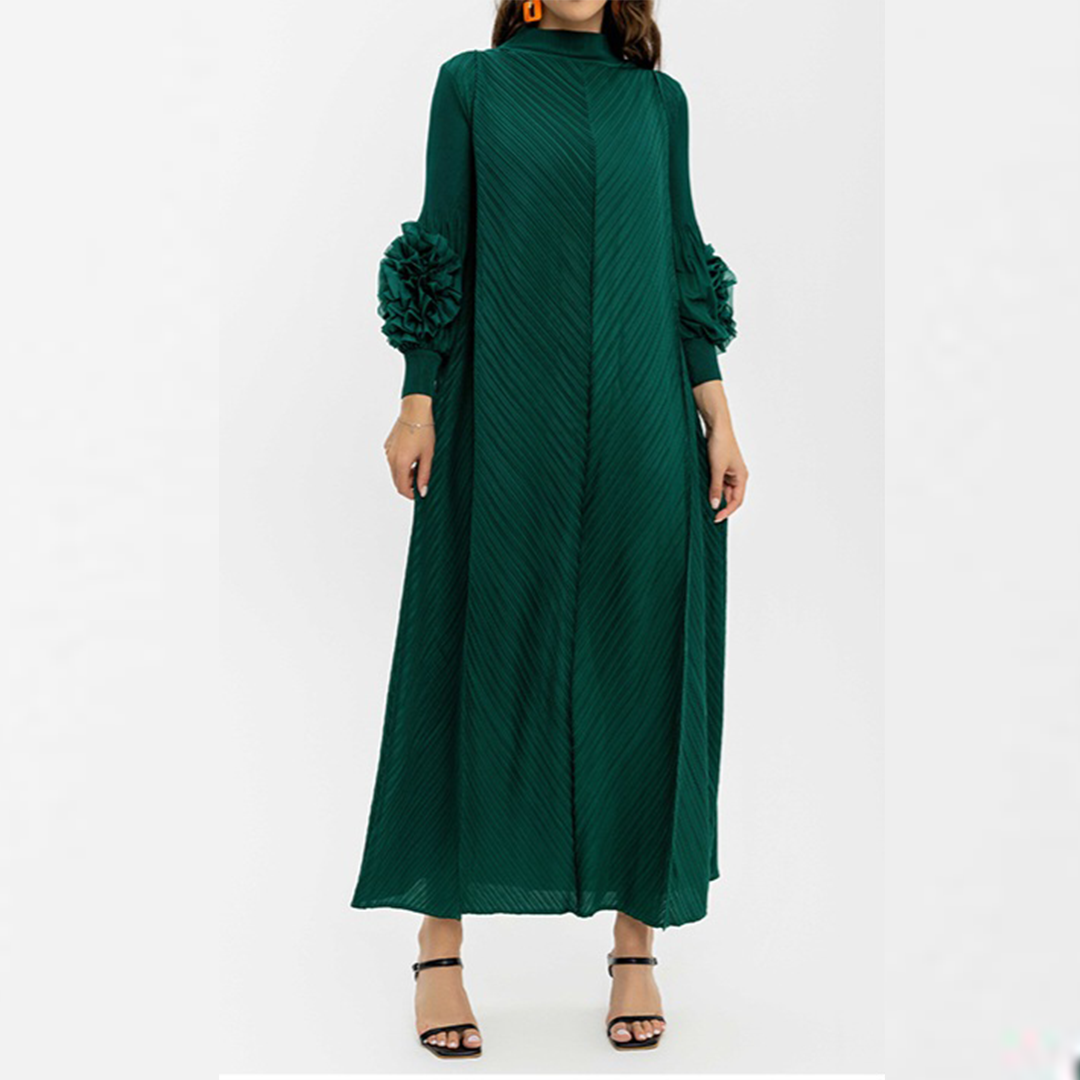 Pleated Long Dress With Floral Sleeves