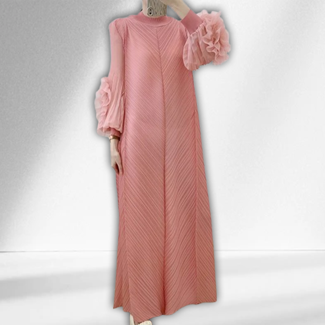 Pleated Long Dress With Floral Sleeves