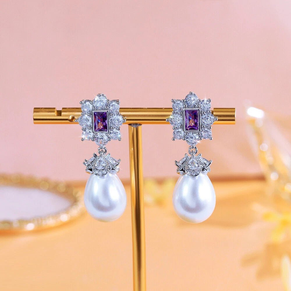 Elegant French Style Pearl And Zircon Embedded Copper Earrings