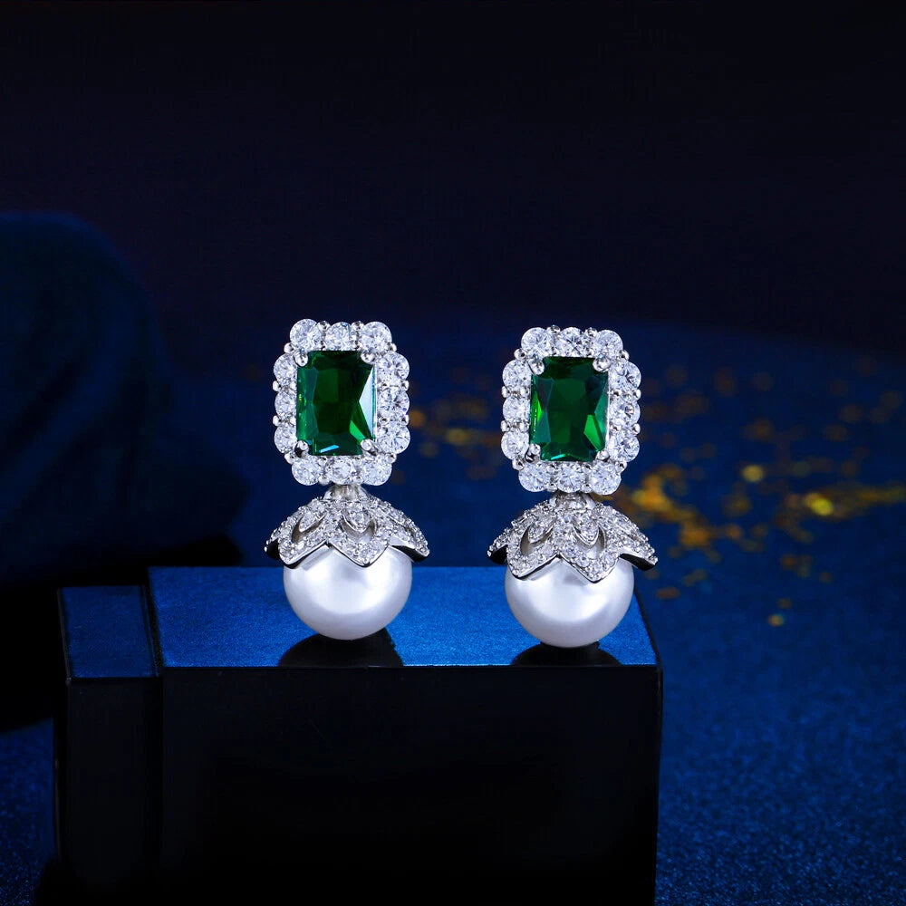 Green Cubic Zirconia Pearl Drop Dangle Earrings