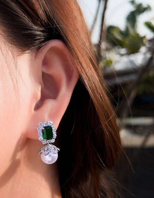 Green Cubic Zirconia Pearl Drop Dangle Earrings
