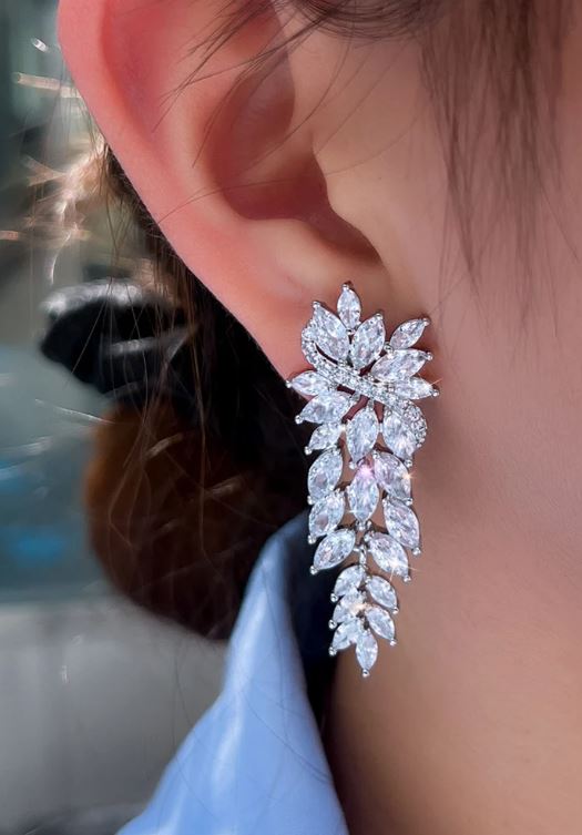 White Cubic Zirconia Leaf Long Dangle Earrings