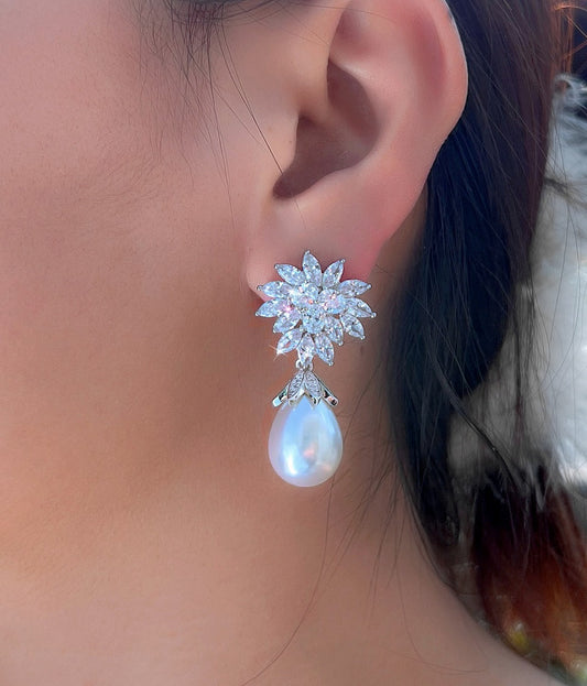 Flower Leaf Long Drop Pearl Earrings
