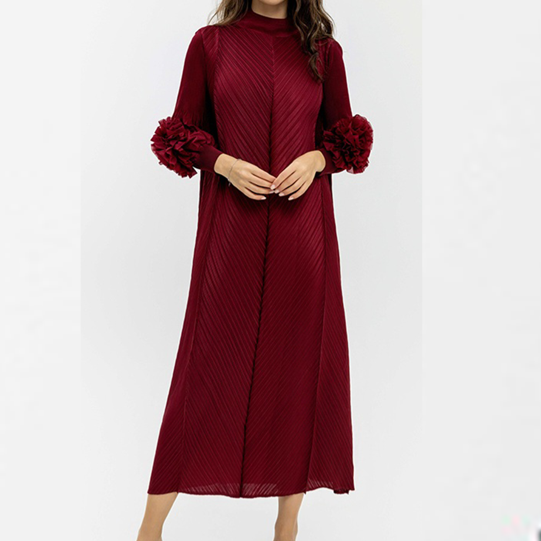 Pleated Long Dress With Floral Sleeves
